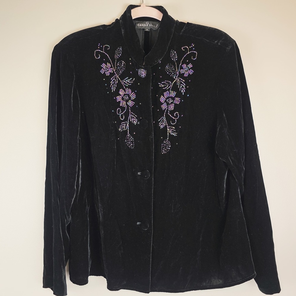 Vtg Carole Little Flowers Embroidered Black Velvet‎ Jacket Beadwork Sz 8.E108